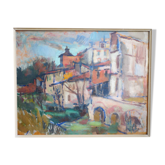 A village in the Tarn, oil on panel signed and dated 1944
