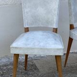 Pair of vintage 1960s compass-legged chairs in wood and white imitation leather