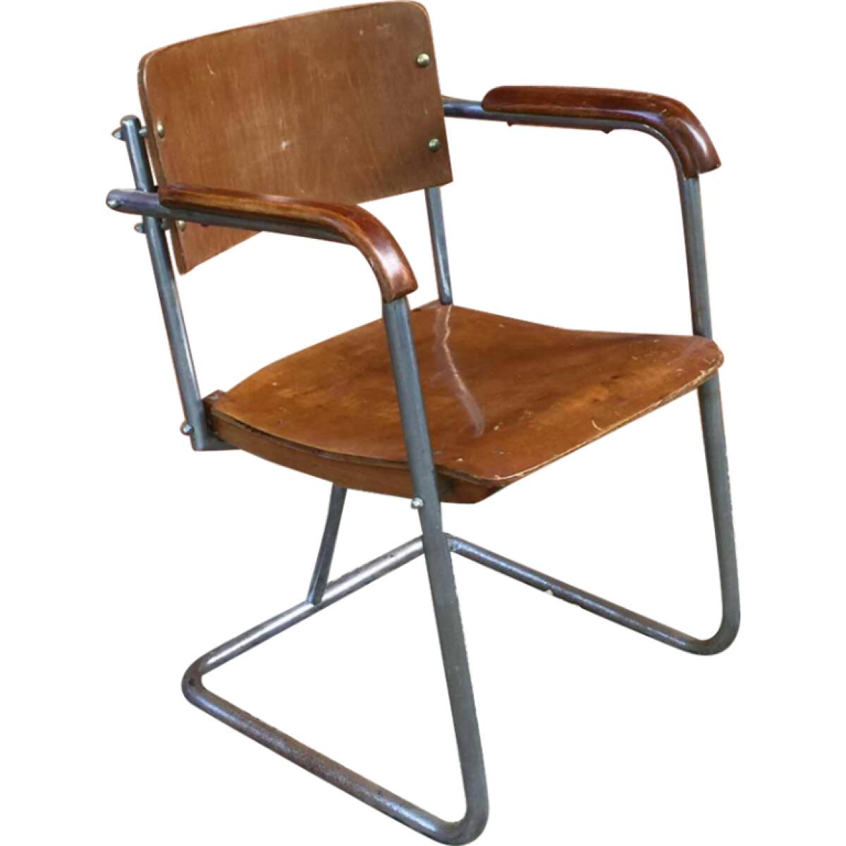 Modernist armchair in plywood, screwed steel tubes