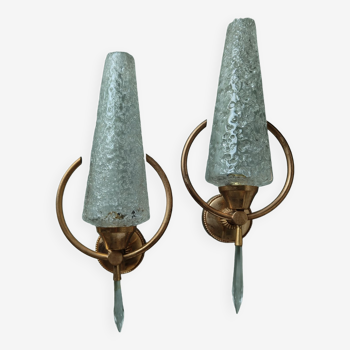 Pair of glass and gilded metal wall lamps