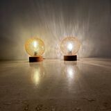 Ensemble de 2 lampes de table en verre et bois, années 1980