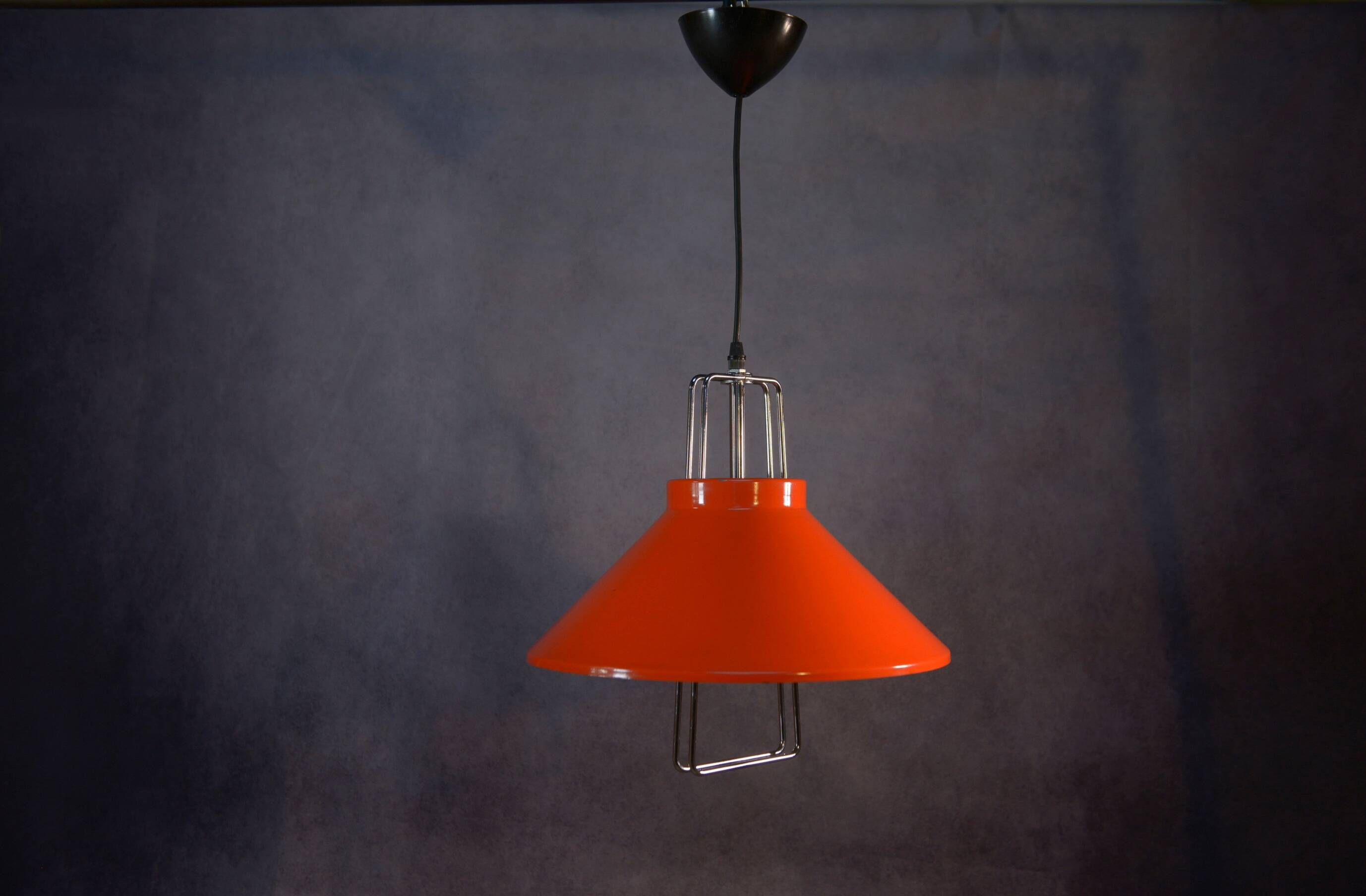 1970s orange lacquered metal designer pendant light
