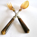 Antique horn salad cutlery – shell decoration 1900