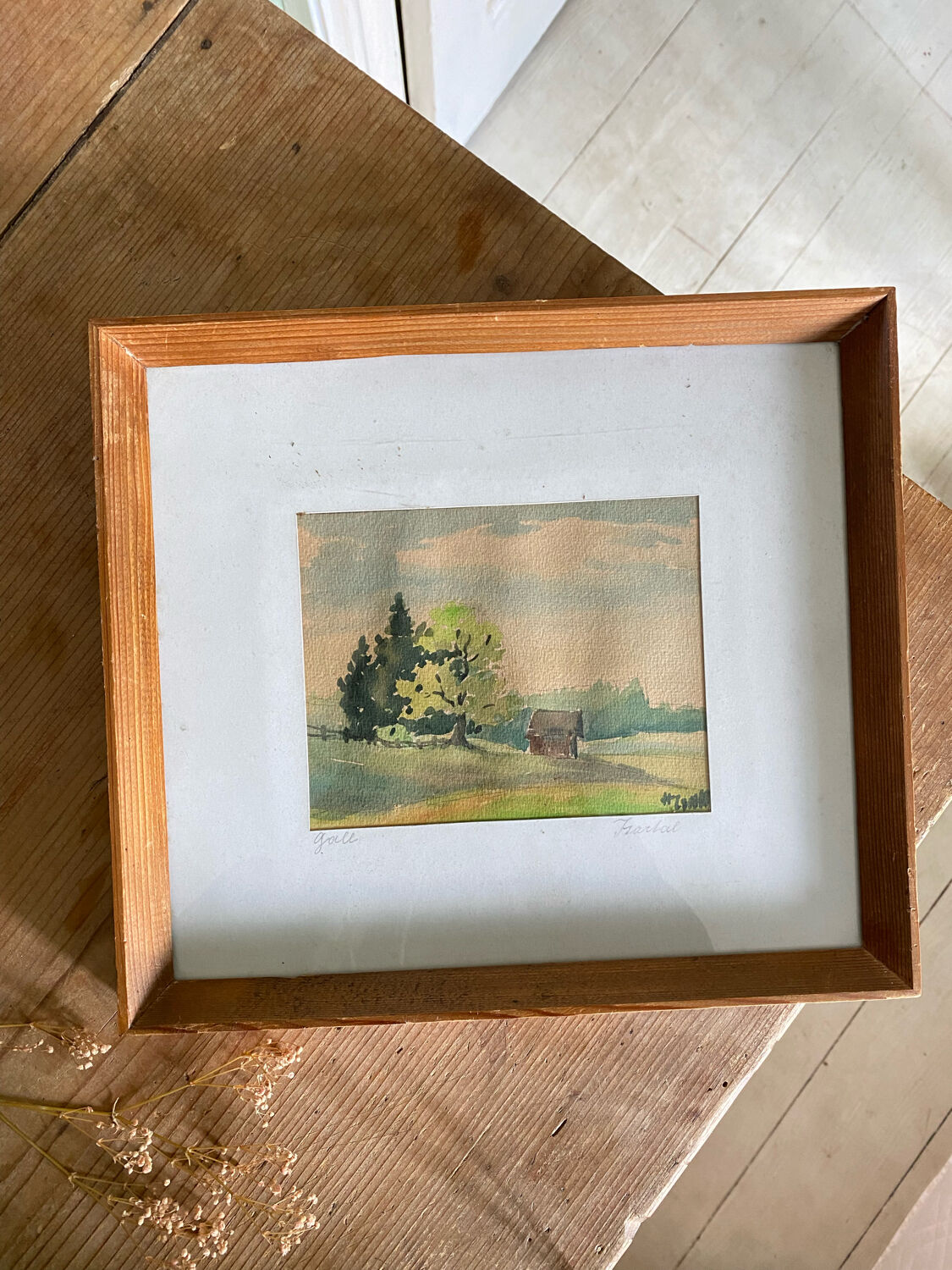 Framed watercolor landscape signed 1949