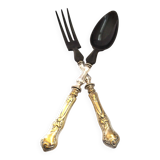 Couvert à salade ancien en métal argenté et corne noir - service néoclassique fleuris 19e s.