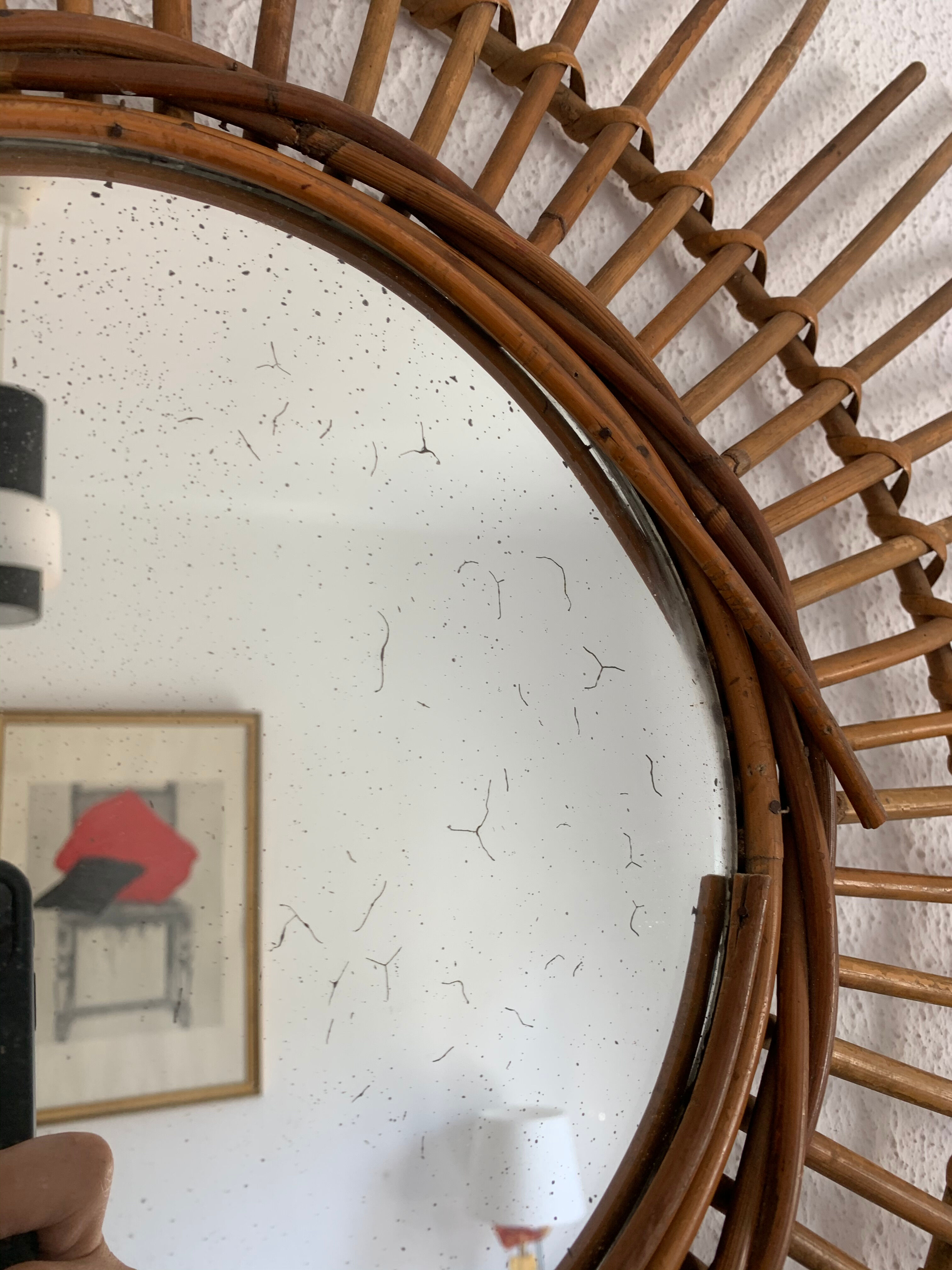 Miroir vintage 1960 soleil rotin - 78 cm