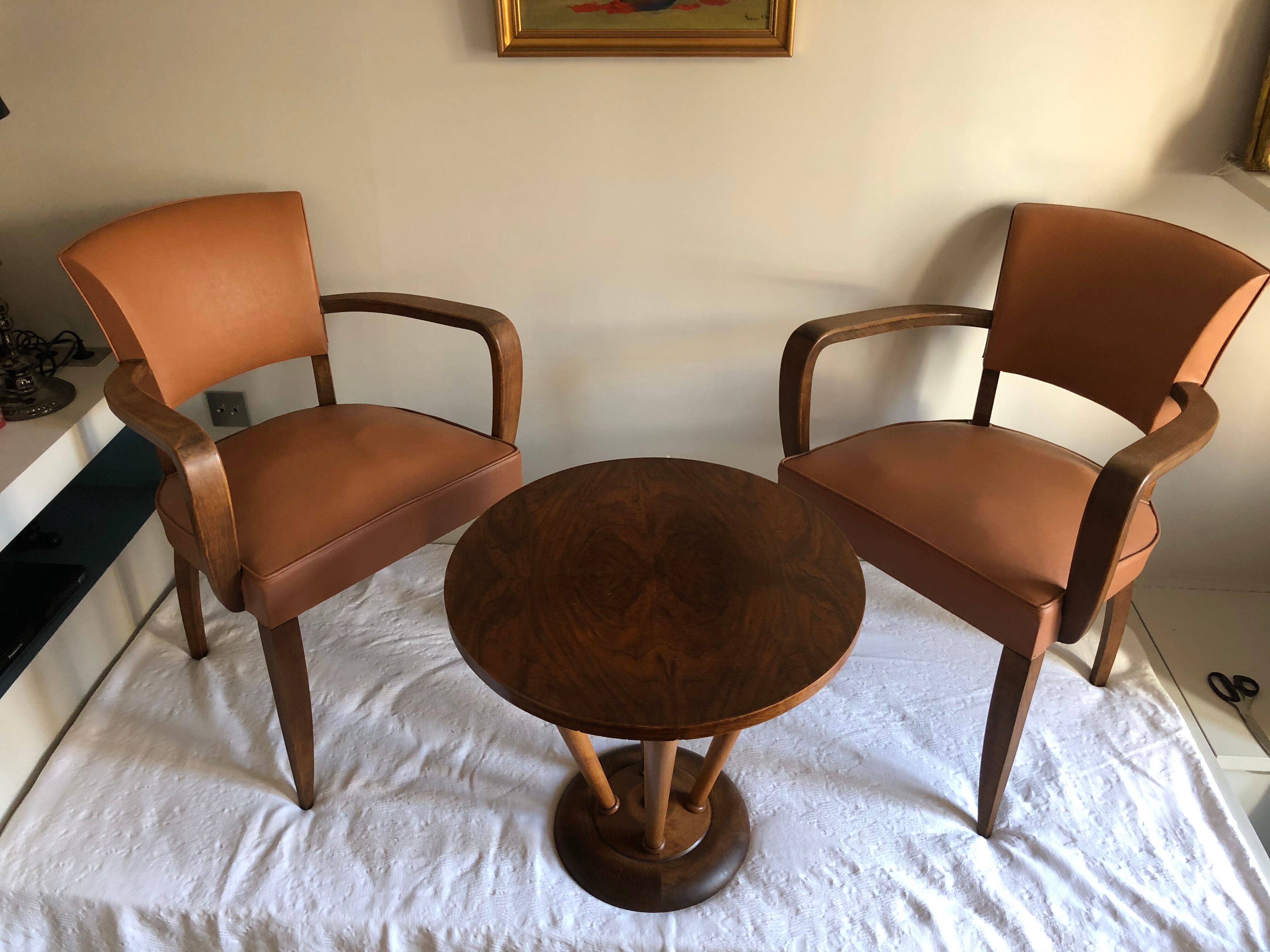 Pair of color wisky wood and skai armchairs 1950