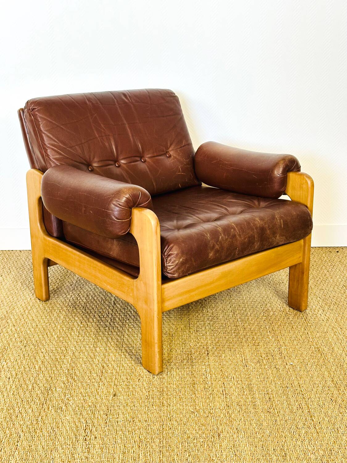 Vintage Scandinavian leather and teak armchair 1960