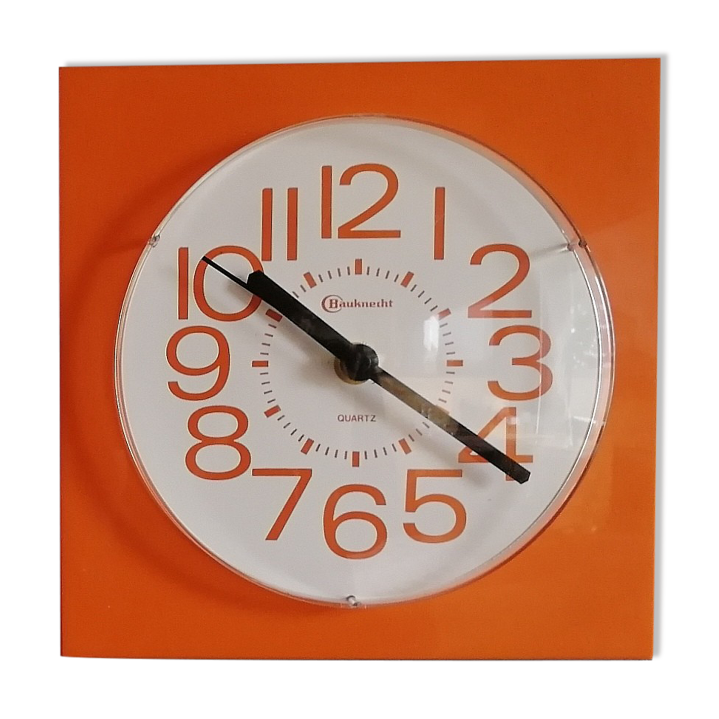 Vintage clock square silent wall clock "Bauknecht orange white"