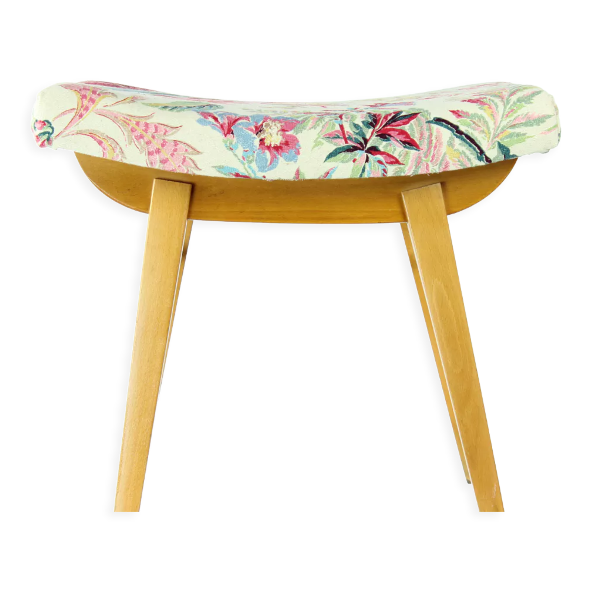 Tabouret mid century en chêne et lin, Ton Tchécoslovaquie années 1960