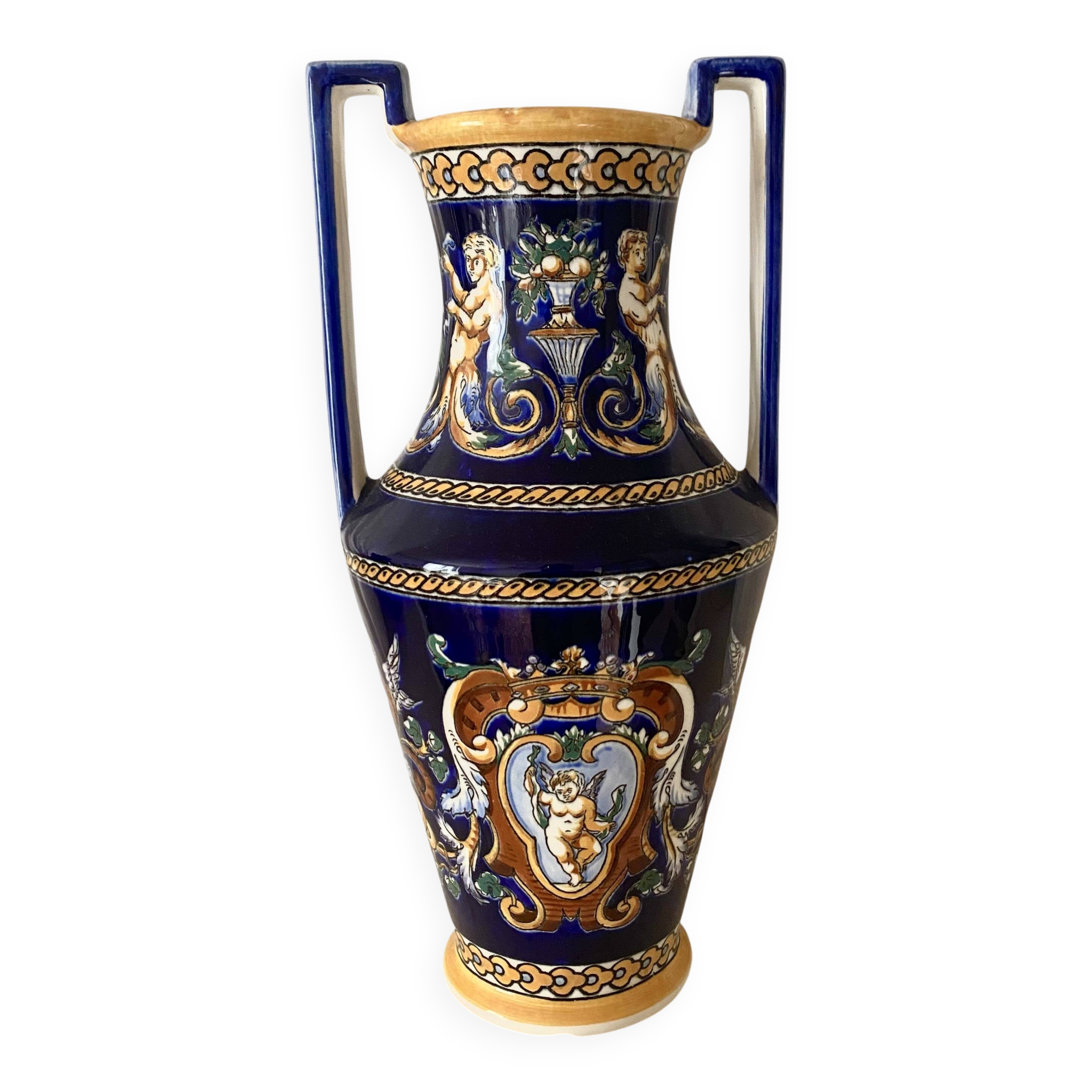 Renaissance decorated earthenware amphora vase from Gien