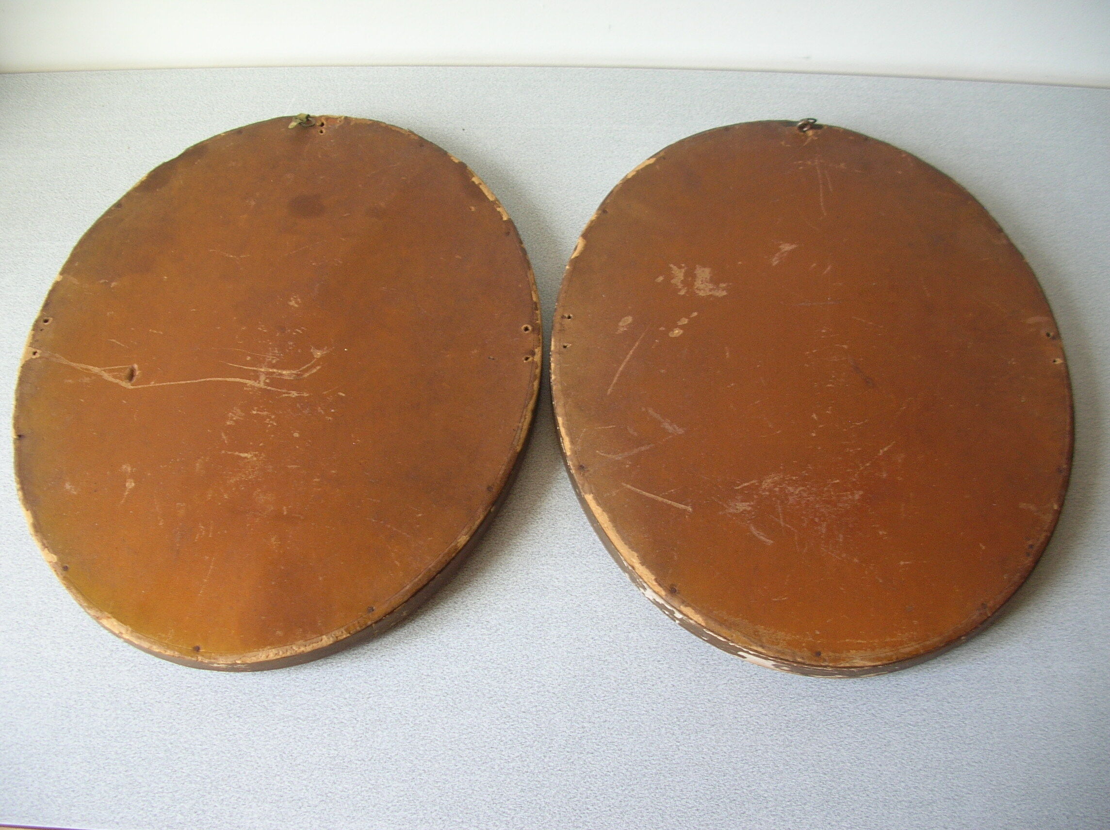 Old pair of lithographs house at the edge of the water signed wooden medallion frame