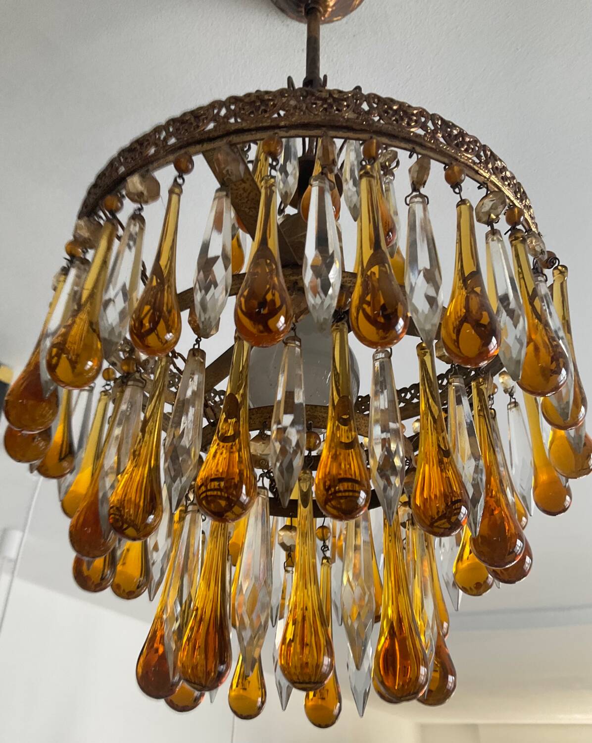 Vintage chandeliers with amber glass tassels and drops