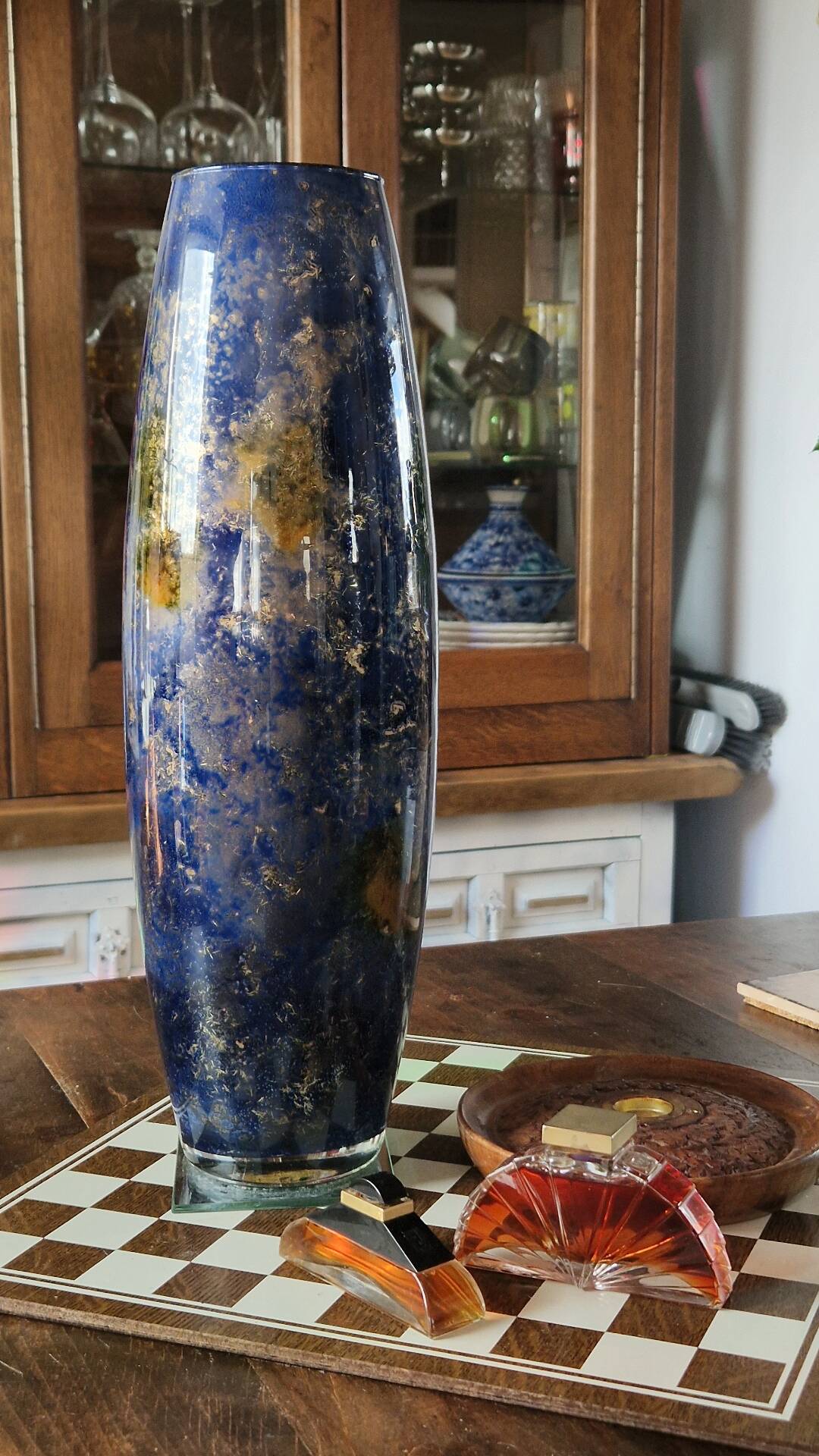 Large eglomisé glass vase "Laque Line" – Unique piece 40 cm