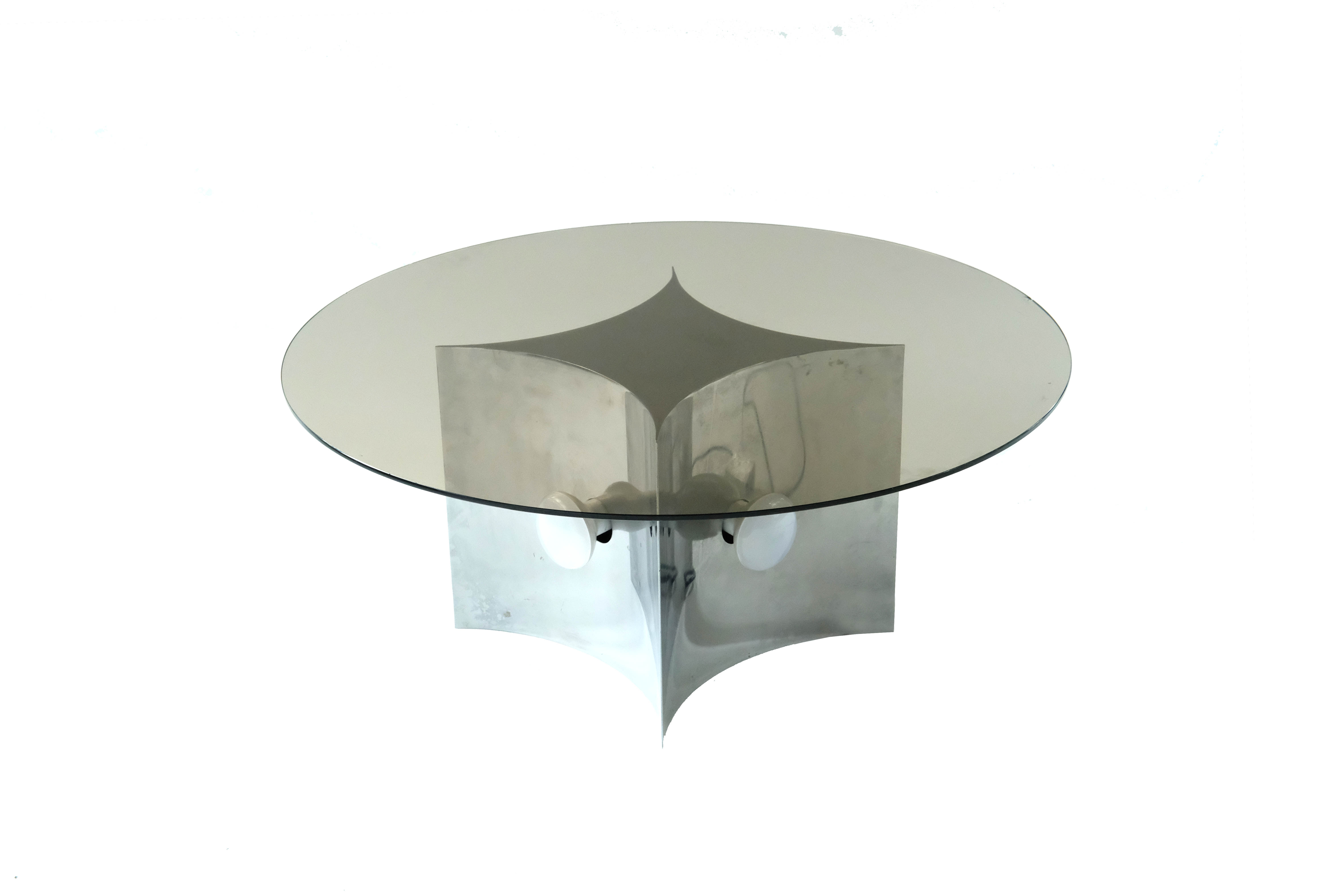 Modern Italian Coffe Table with Smoked Glass Top & Chromed Lamp, 1970's