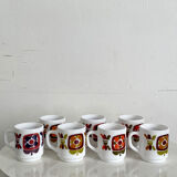 Set of 7 Arcopal coffee cups for Mobil vintage 70's