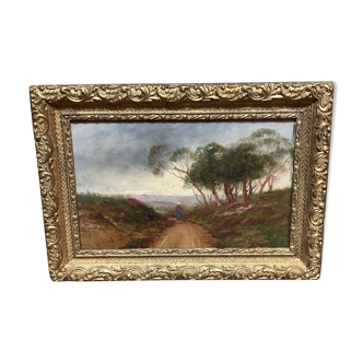 Oil on wood framed with a landscape, gilded frame.