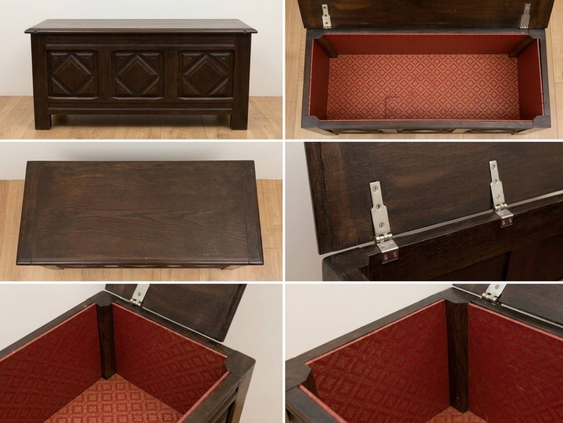 Antique dark wood chest with geometric paneling / pointed detail