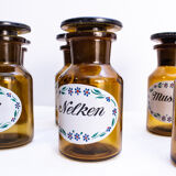 Set of 6 canister for spices, amber glass apothecary bottles