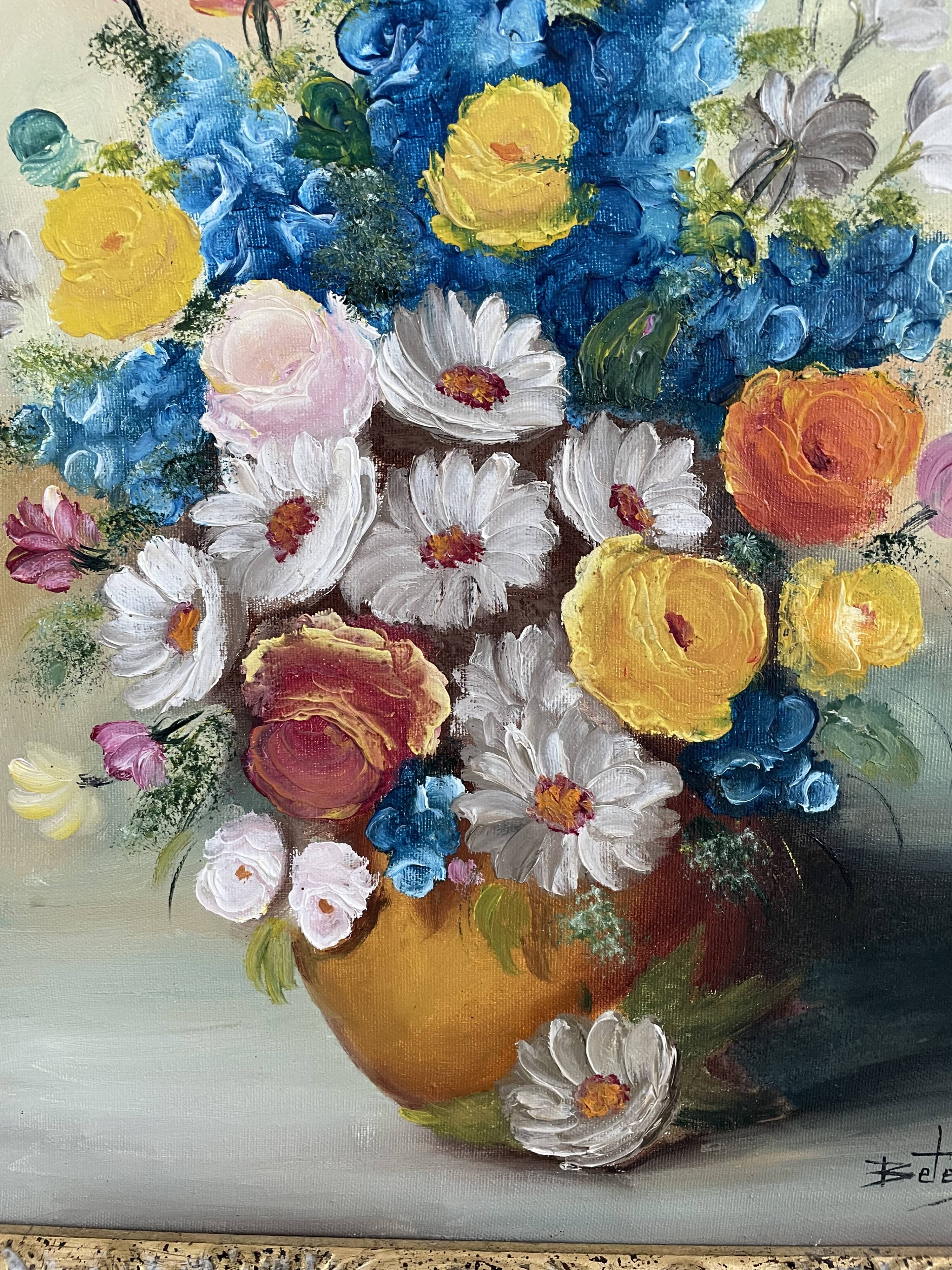 Oil painting, still life with bouquet, flowers, signed betez, floral decor, wooden frame, art