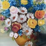 Oil painting, still life with bouquet, flowers, signed betez, floral decor, wooden frame, art