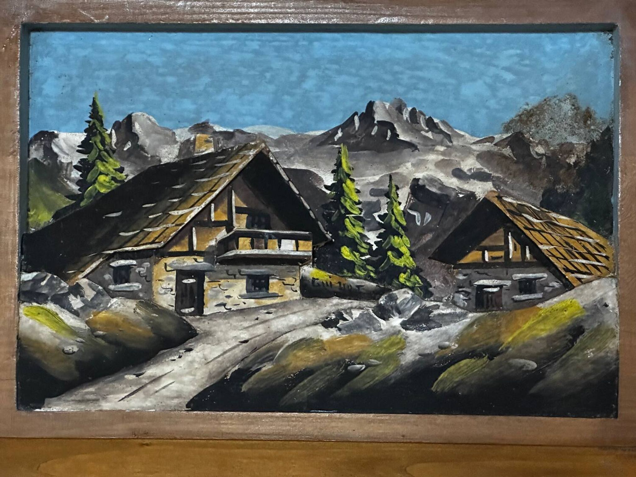 Tableau Alpin Vintage Sculpté et Peint - 23 / 32 cm