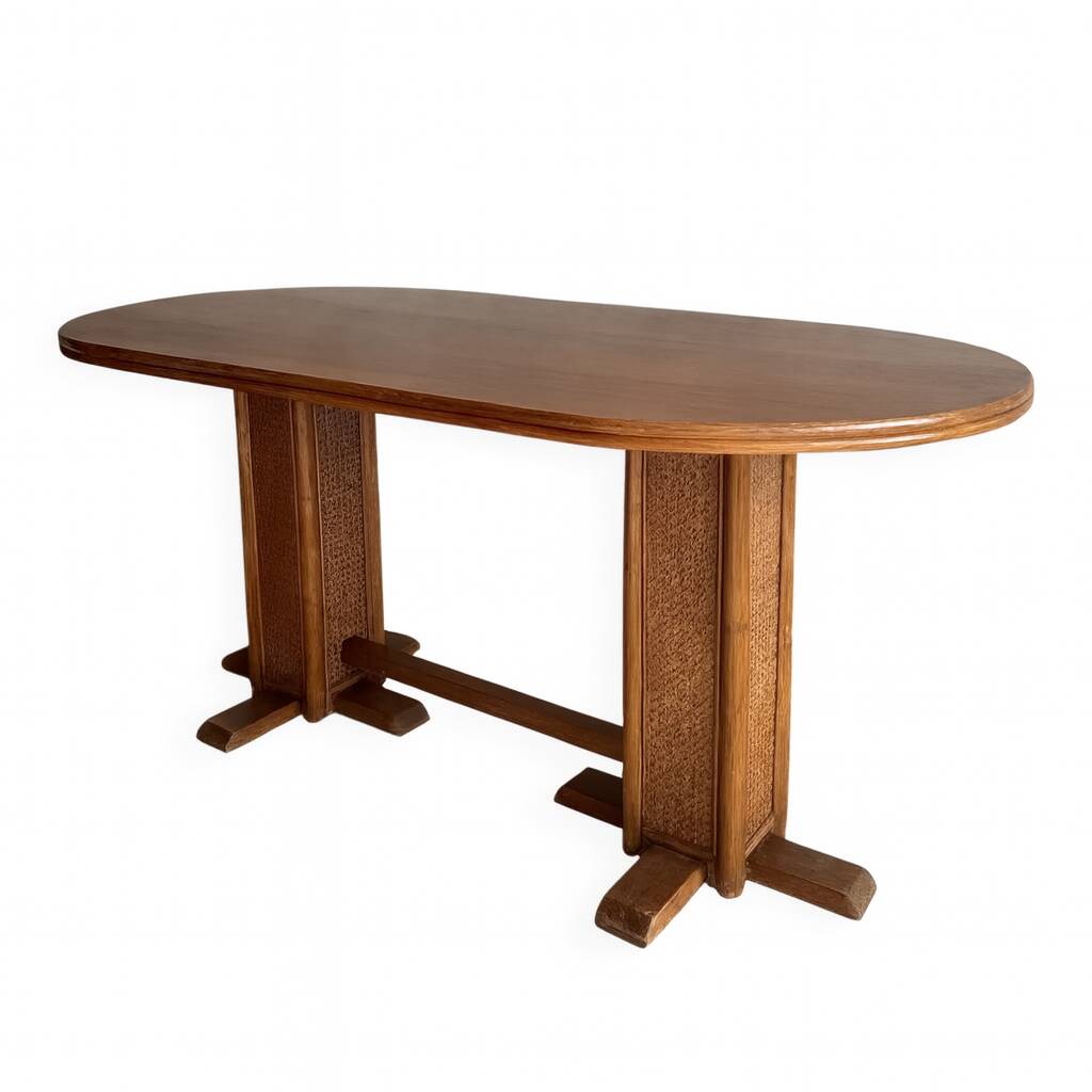 Honey-Brown Beech Wood Mid-Century Dining Table with Rattan Accents, 1960 Oval Top