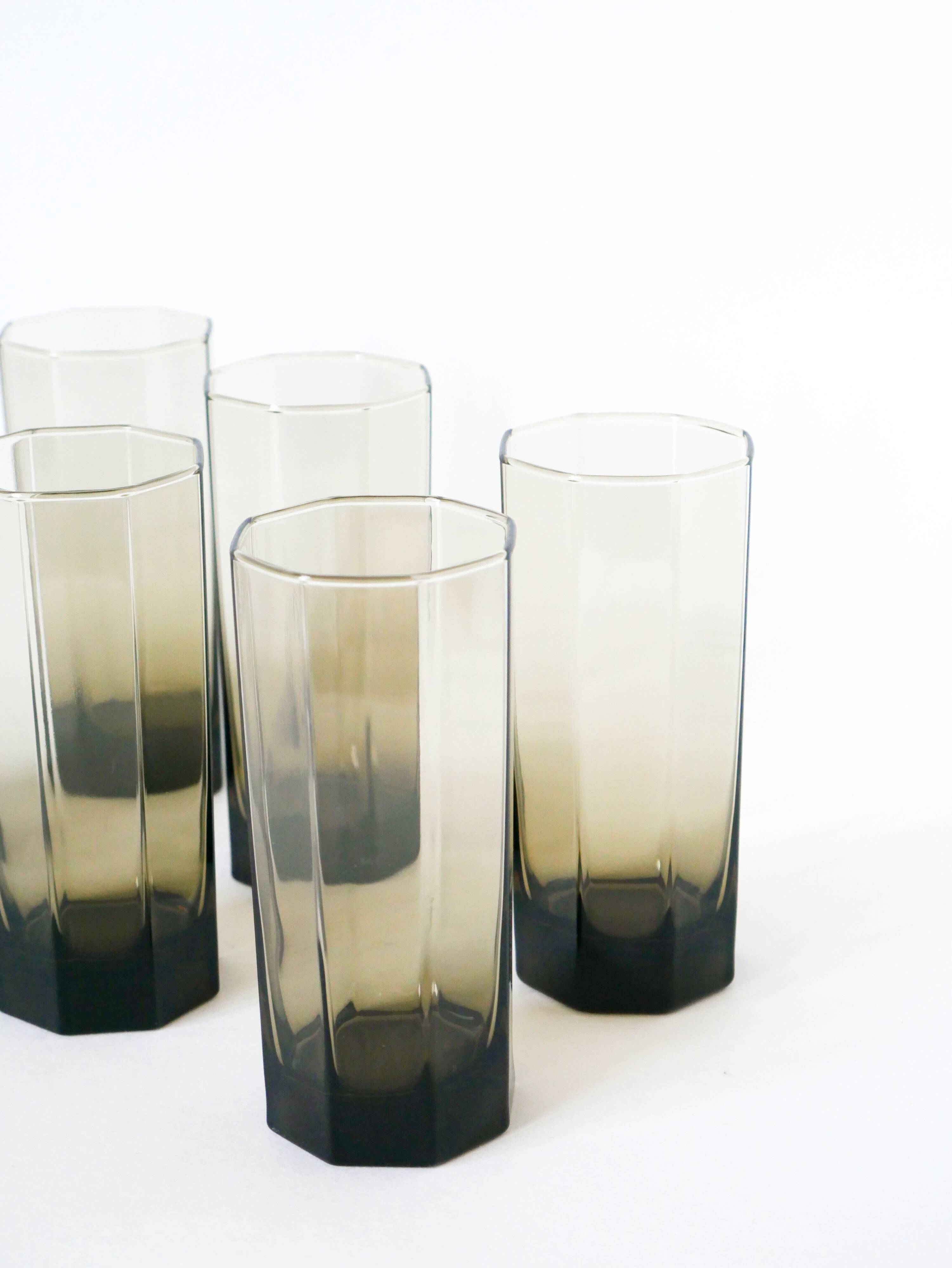 Set of 6 octagonal Long Drink glasses, smoked glass, design, 1970 - 15
