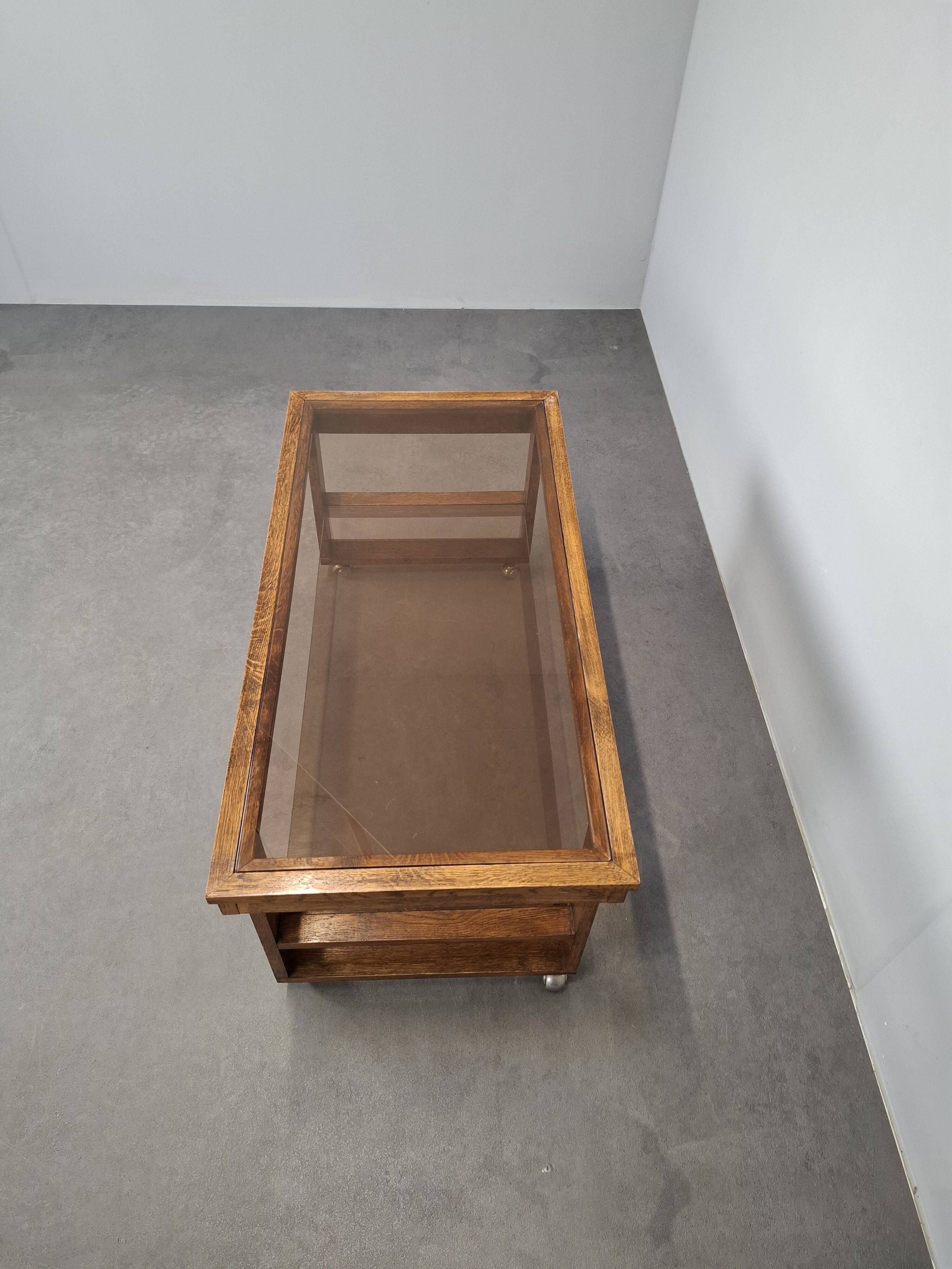 Mid-Century Smoked Glass and Wood Coffee Table on Wheels, Czechoslovakia