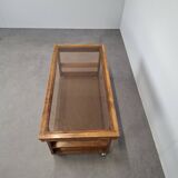 Mid-Century Smoked Glass and Wood Coffee Table on Wheels, Czechoslovakia