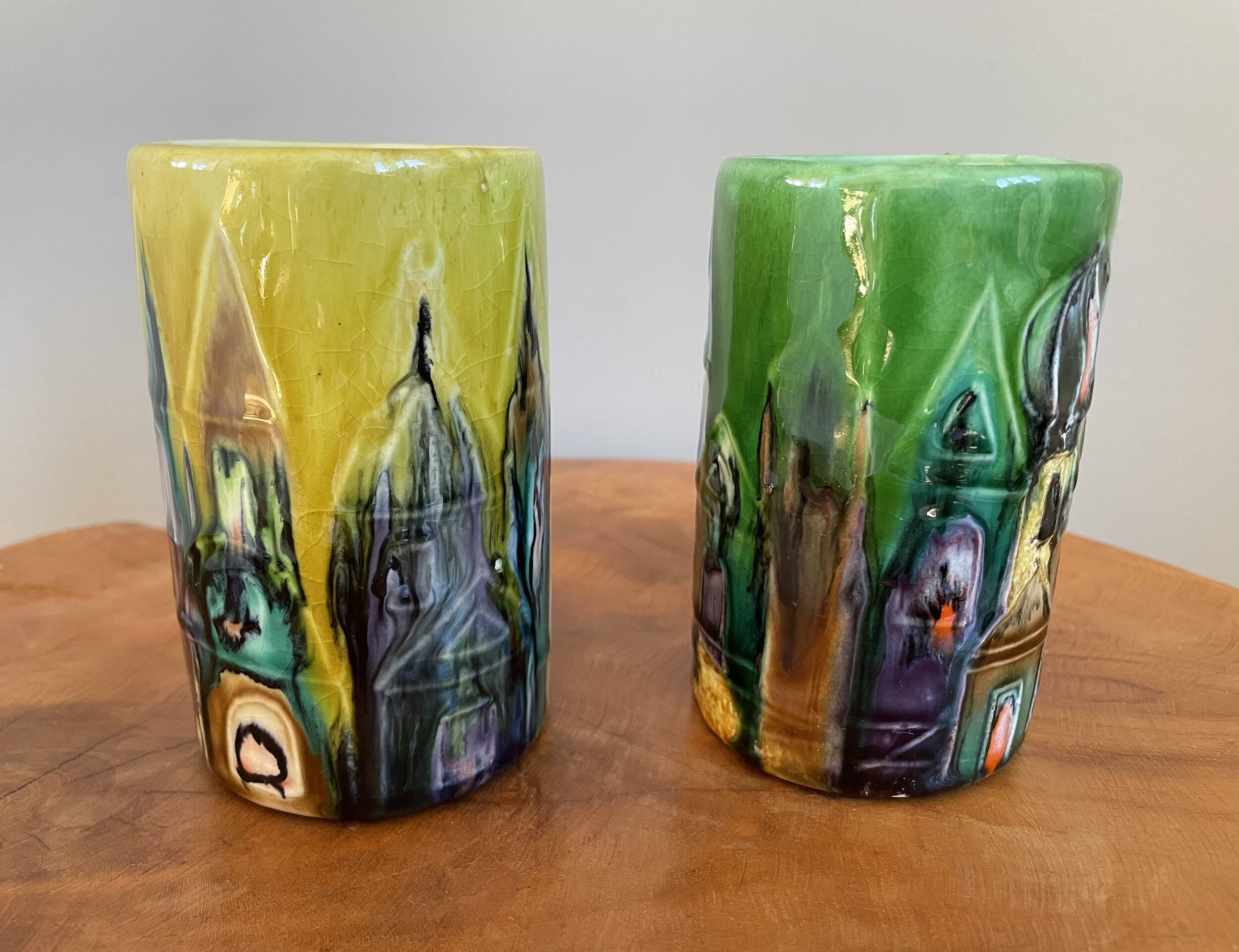 Paire de vases en céramique modernistes elio schiavon, paysage urbain sur les toits d’horizon, poterie italienne des années 1960