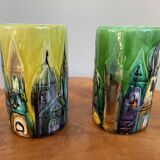 Pair of elio schiavon modernist ceramic vases, skyline rooftops cityscape, 1960s Italian pottery