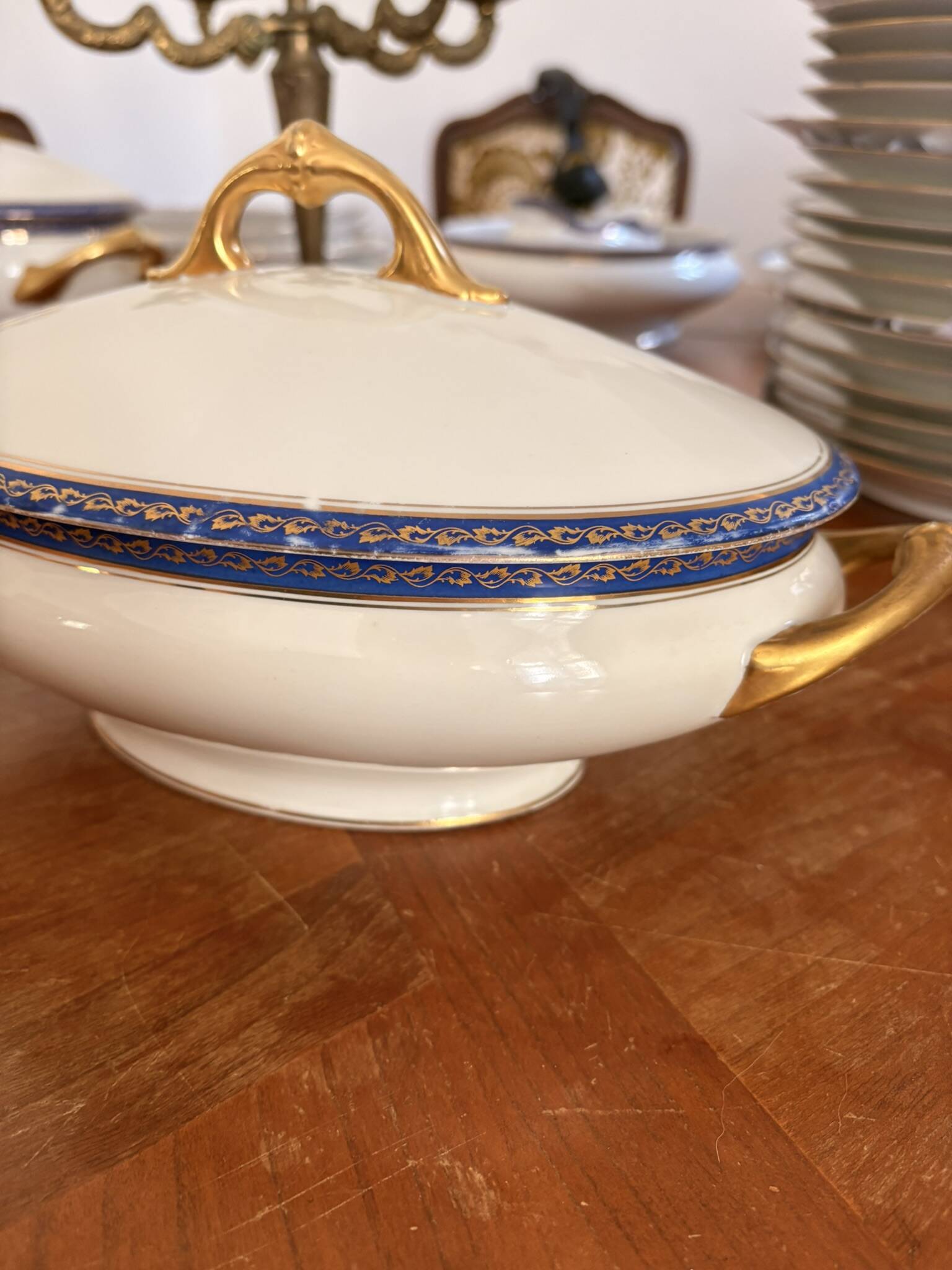 Small Soup Tureen Porcelain Limoges Blue Gold Betoule & Legrand France 1/2