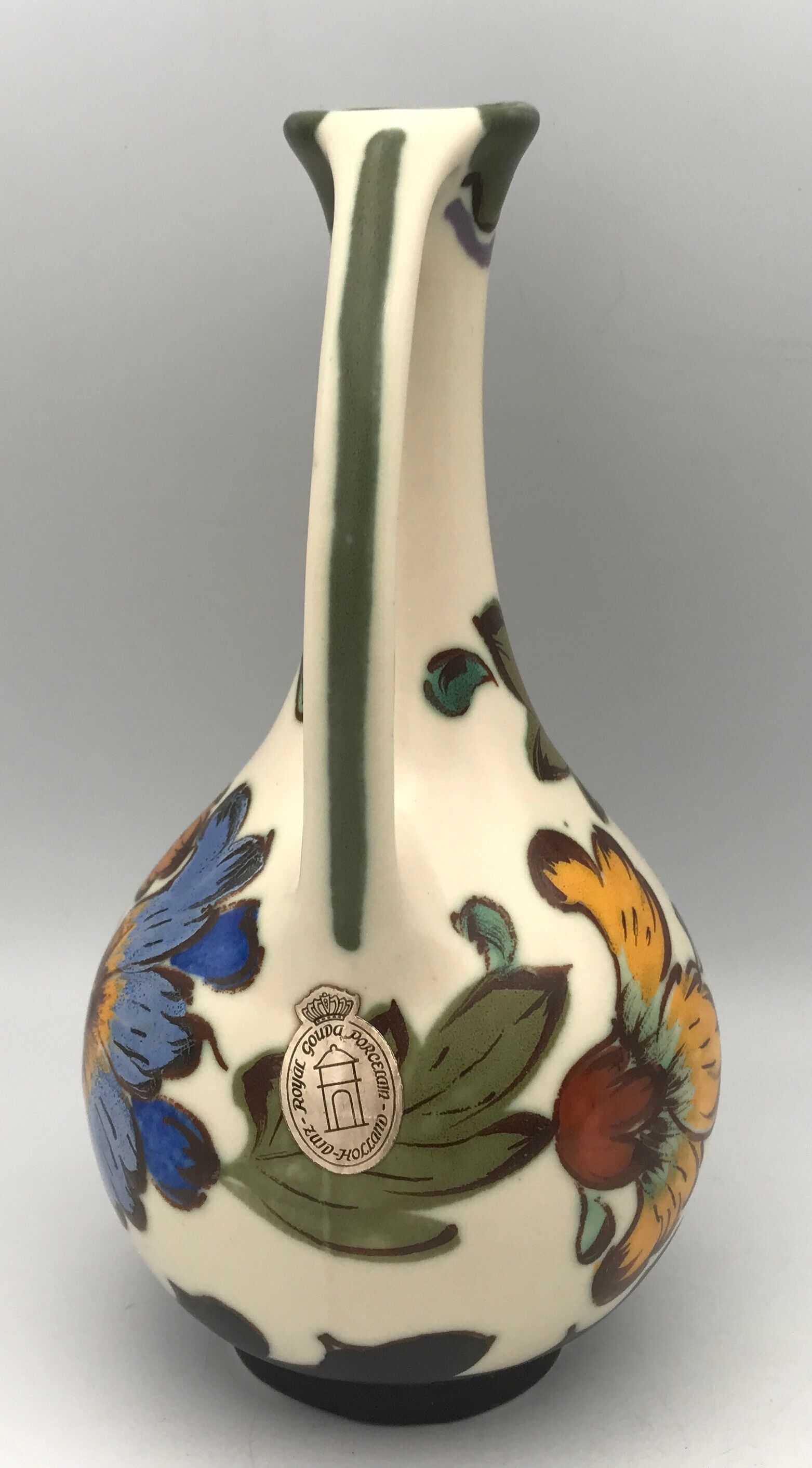Old porcelain vase royal gouda holland decoration hand signed, 18 cm