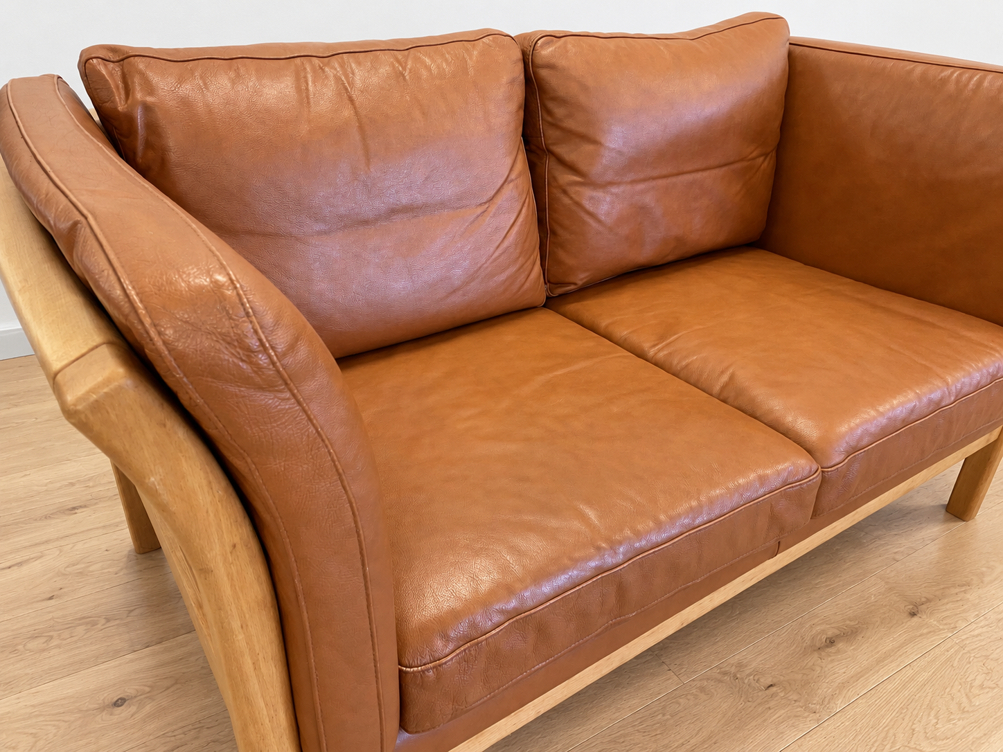 Vintage Danish 2 person sofa in cognac leather with oak frame
