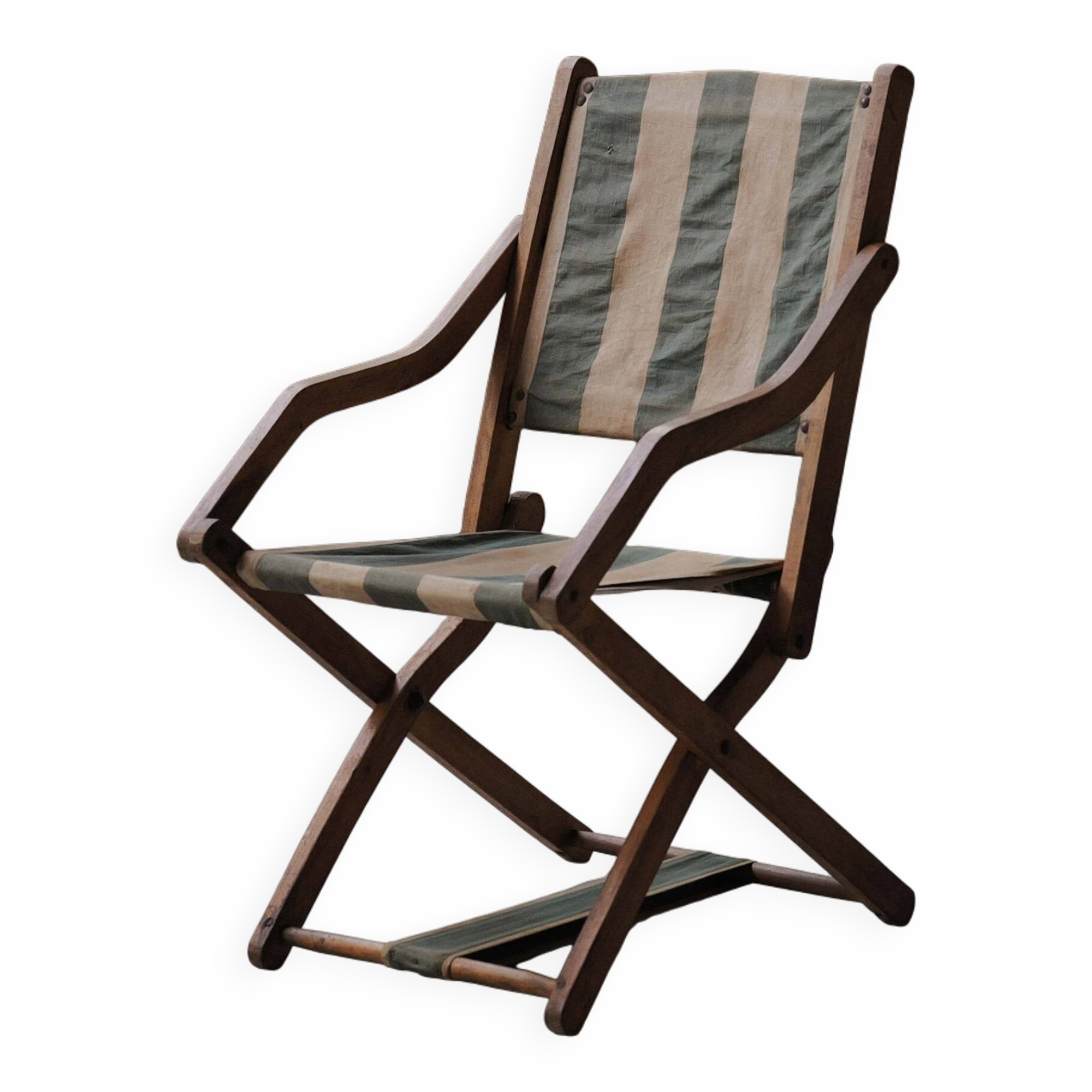 Foldable chair in solid wood and striped fabric, circa 1900.