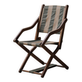 Chaise pliante en bois massif et toile rayée, circa 1900
