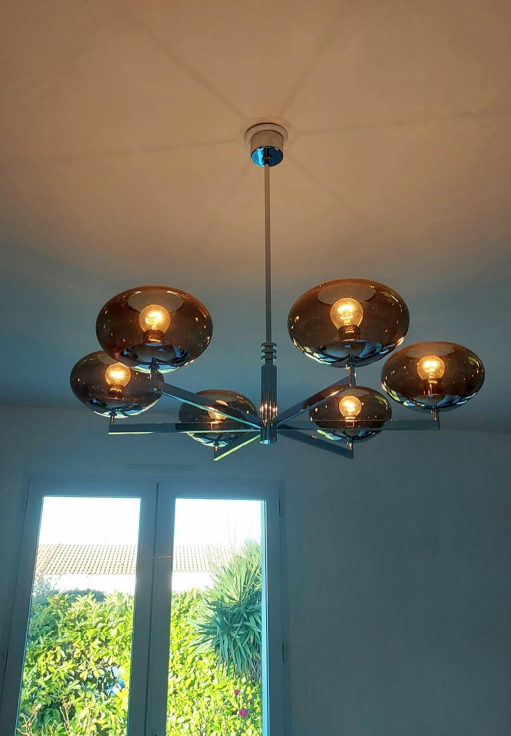 6-light chandelier by Italian designer Sciolari, chrome and smoked glass - 1970s - Vintage