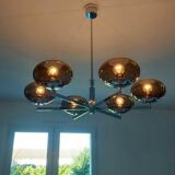 6-light chandelier by Italian designer Sciolari, chrome and smoked glass - 1970s - Vintage