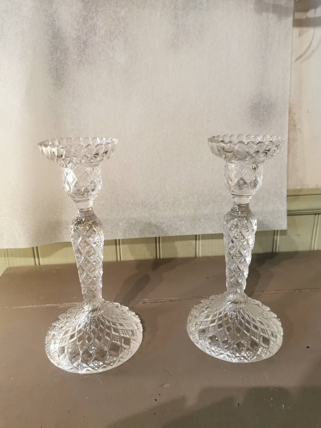 Pair of molded glass candlesticks