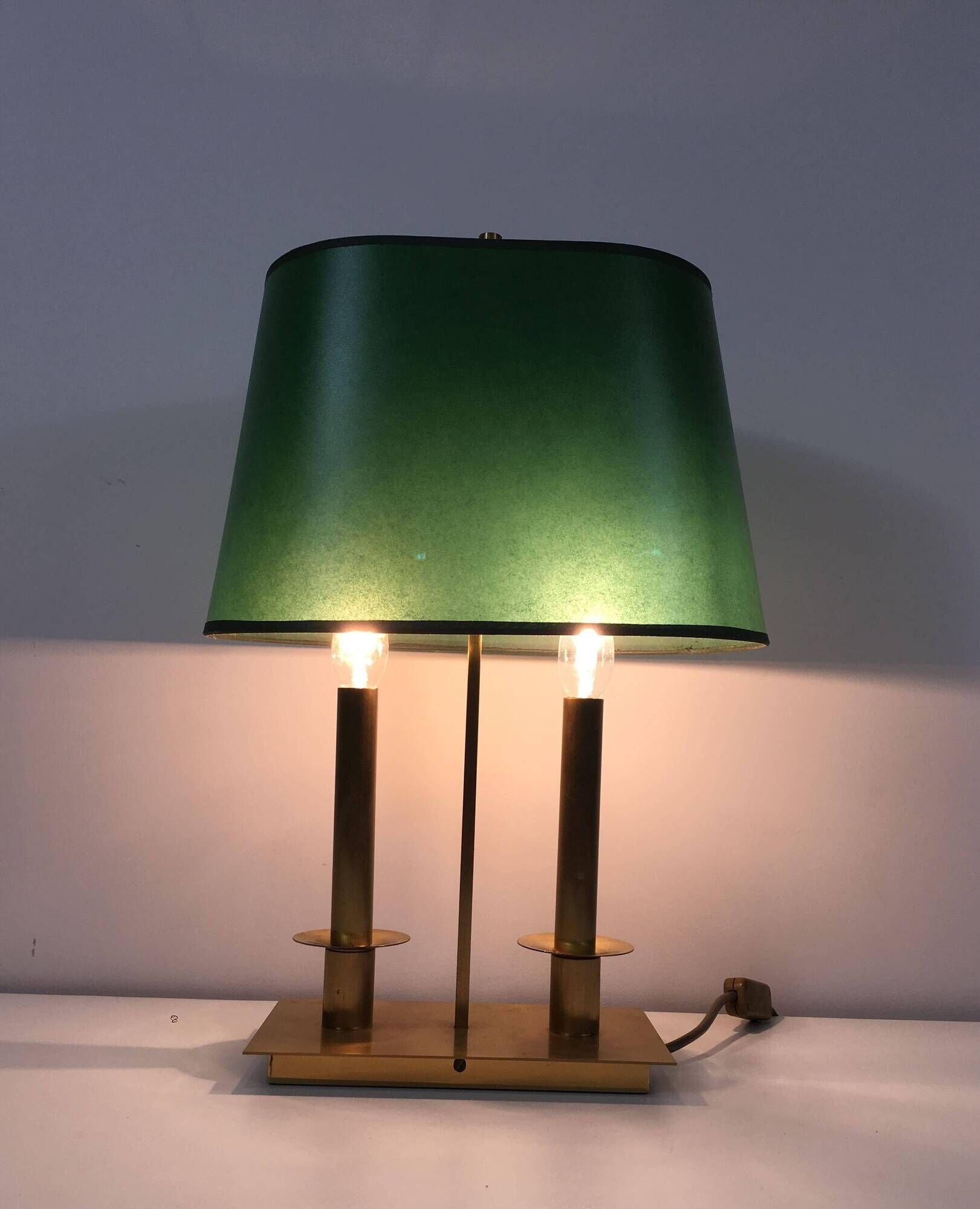 Pair of Two-Light Table Lamps in Brass with Green Shades. Work F