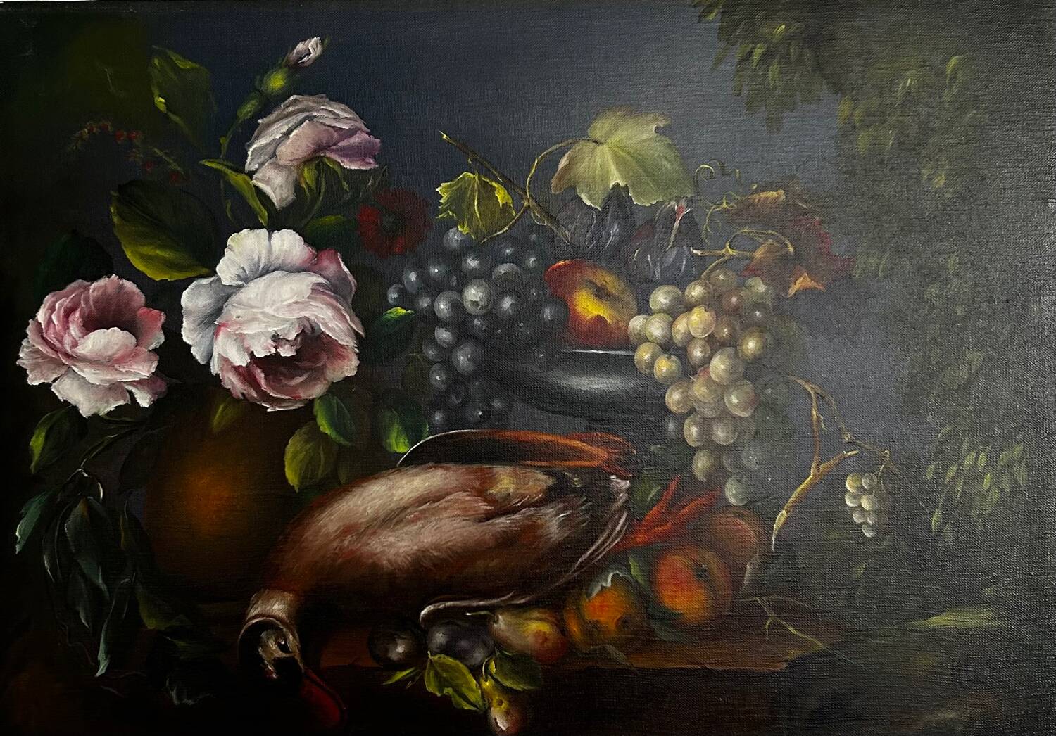 Painting, still life roses, grapes and game
