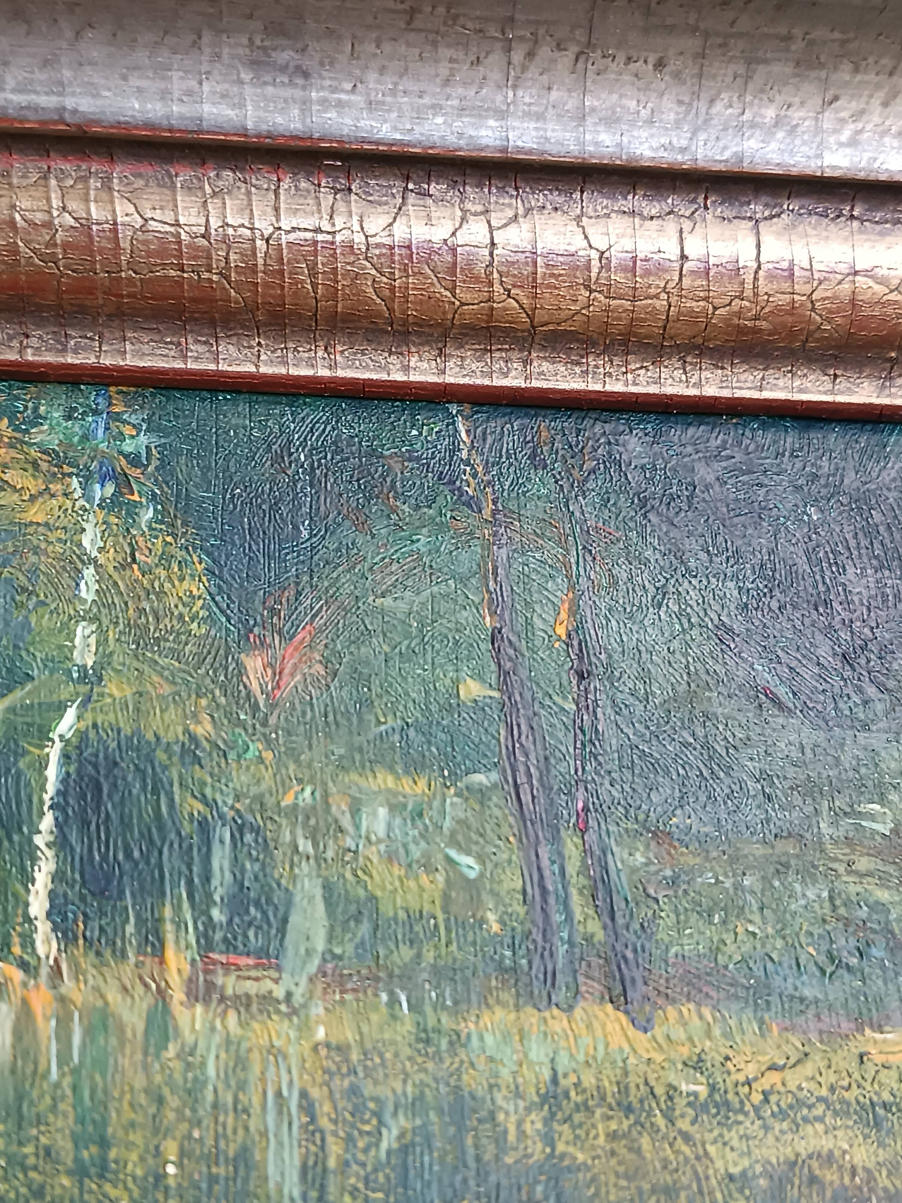 Original oil painting of a landscape with a pond and water lilies by Albert Morhain, 1930.