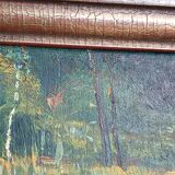 Original oil painting of a landscape with a pond and water lilies by Albert Morhain, 1930.