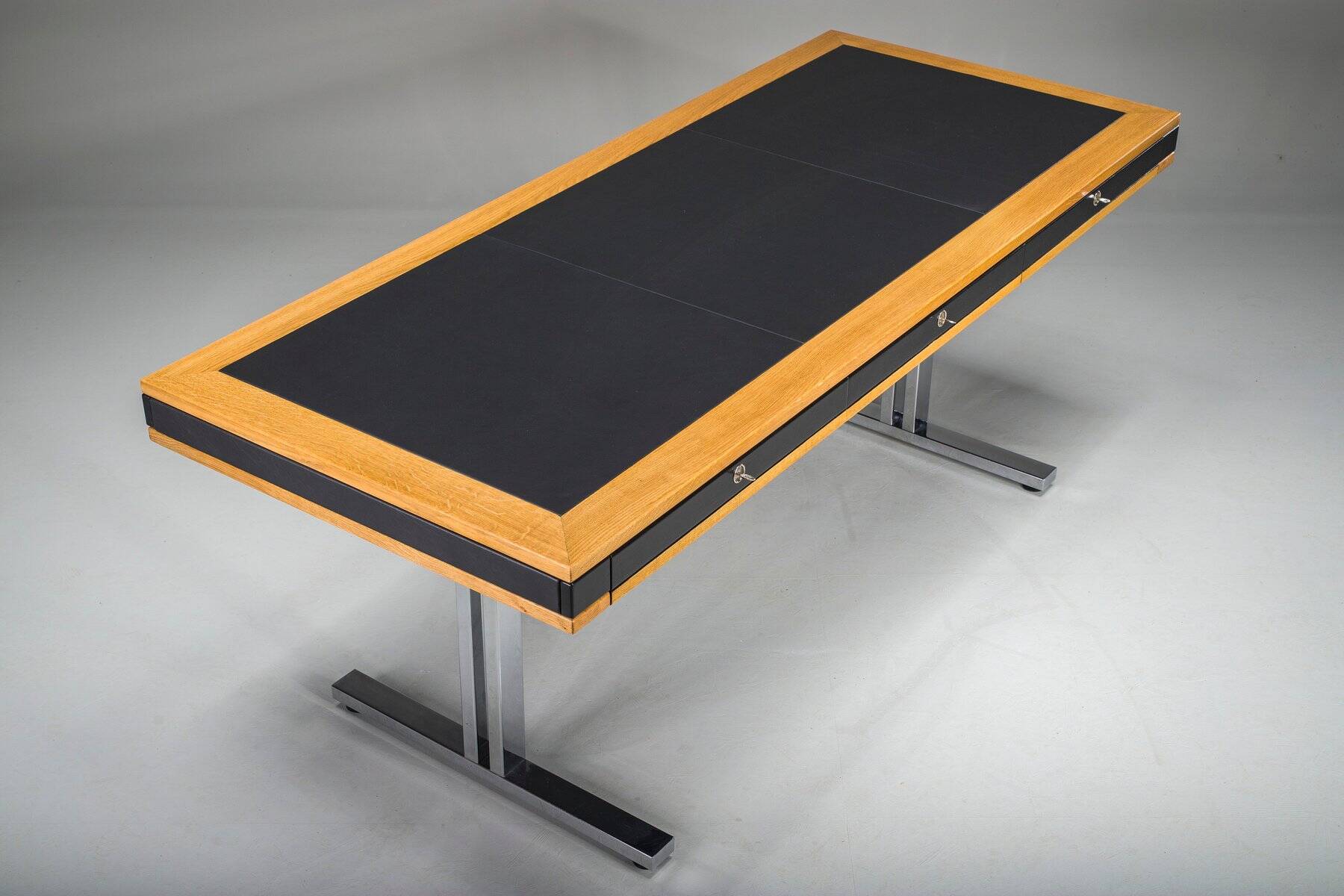 Mid-century modern oak and chrome desk with leather top, 1980s