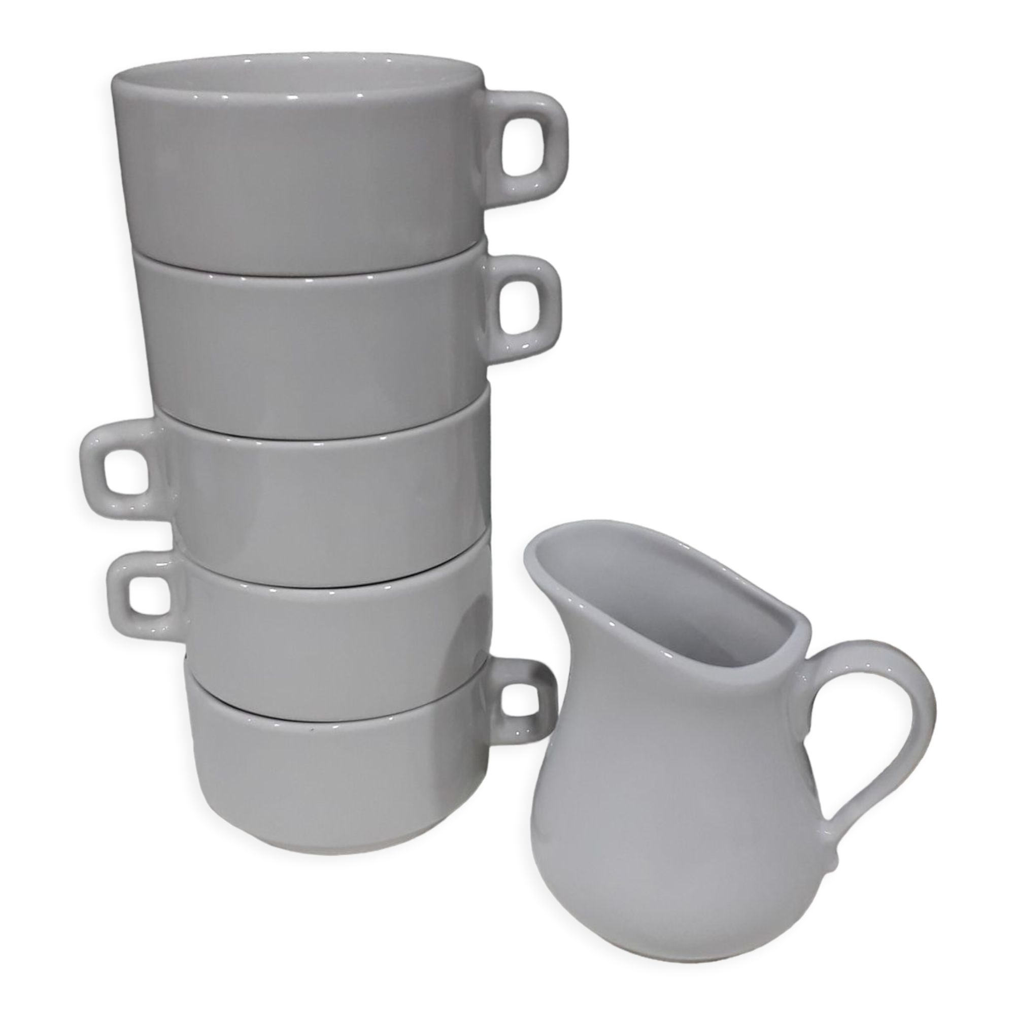 Coffee set 5 cups with Mehun white porcelain milk pitcher (France)