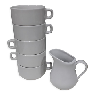 Service à café 5 tasses avec pichet de lait en porcelaine blanche de Mehun (France)
