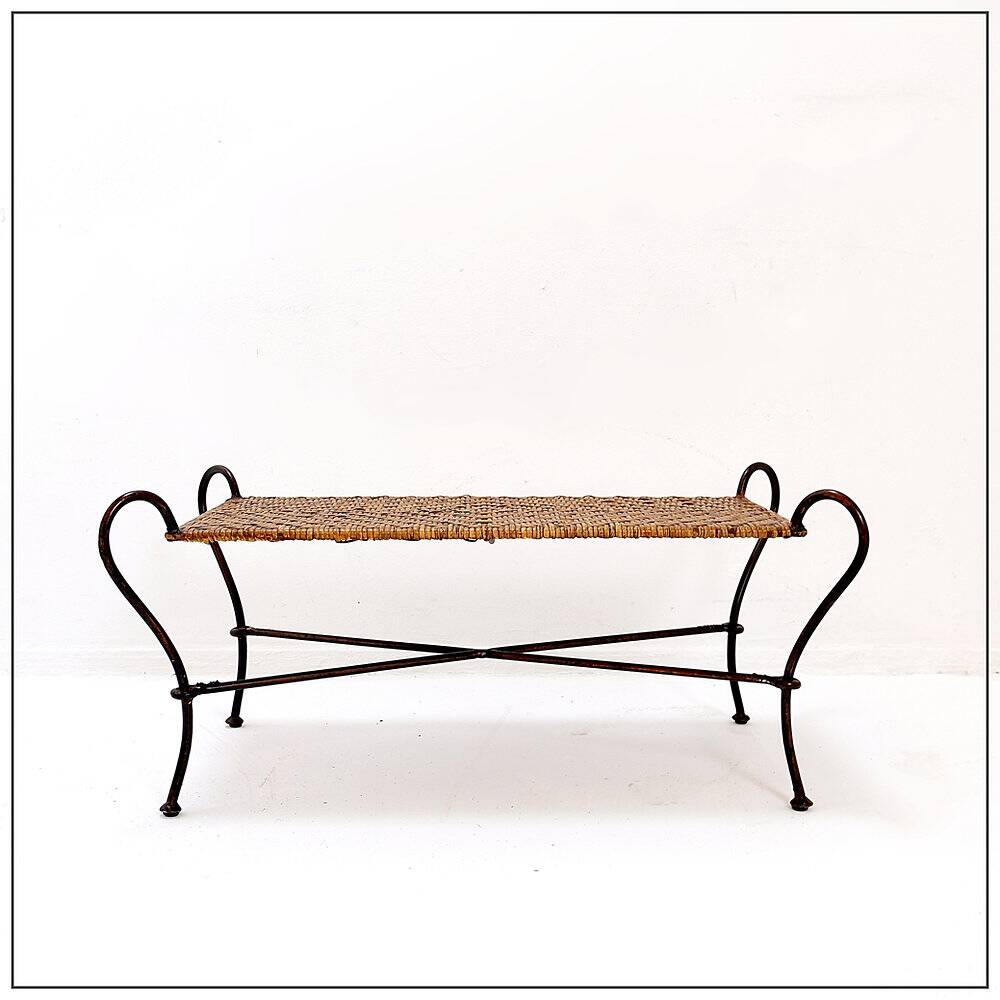 Vintage coffee table in wrought iron and woven rattan - 1970s