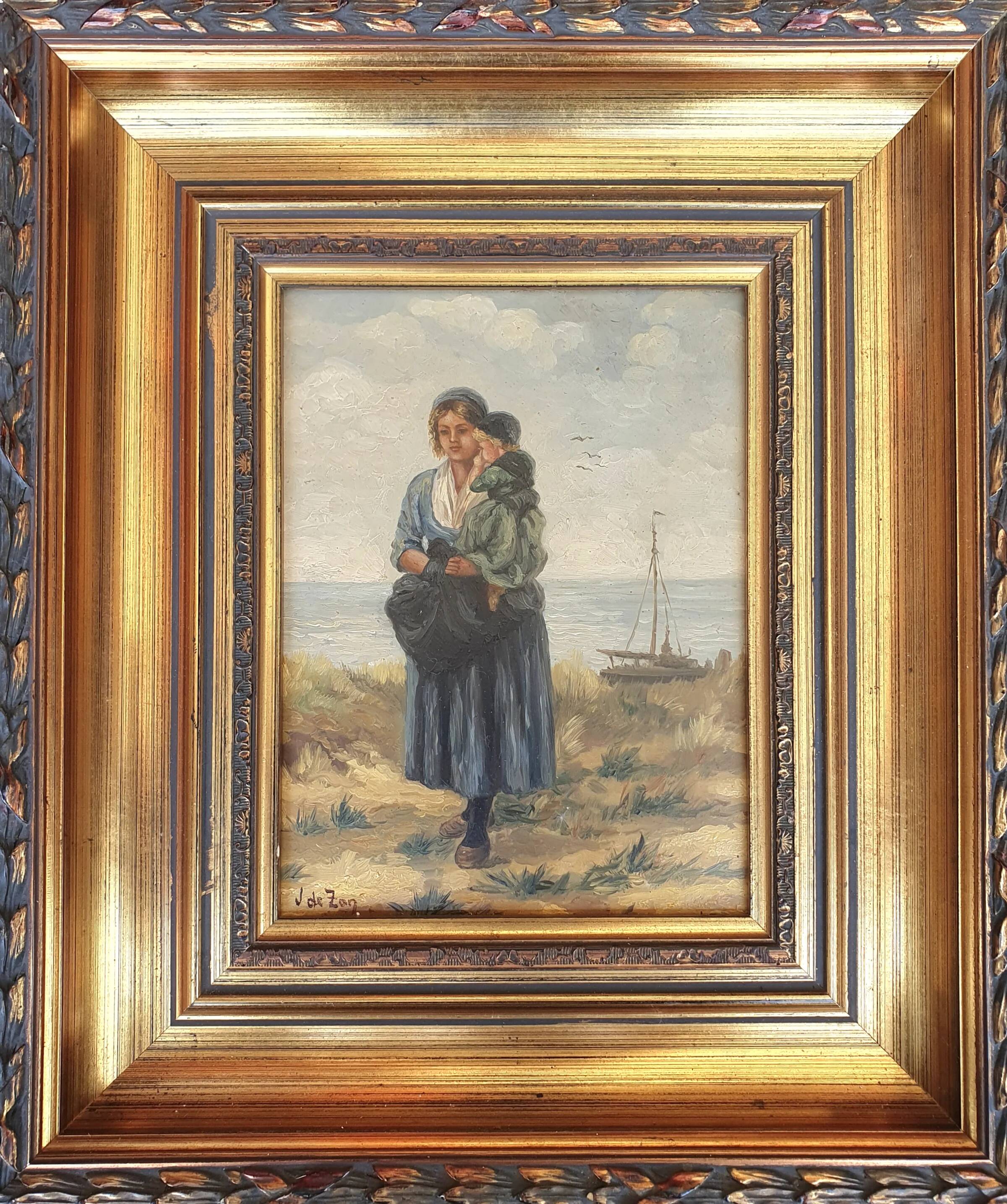 2 x Mother and child in the dunes, signed / J. de Zon (lower left) / oil on wood