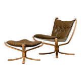 Sigurd Ressell Falcon Chair with Ottoman in brown leather for Vatne Møbler